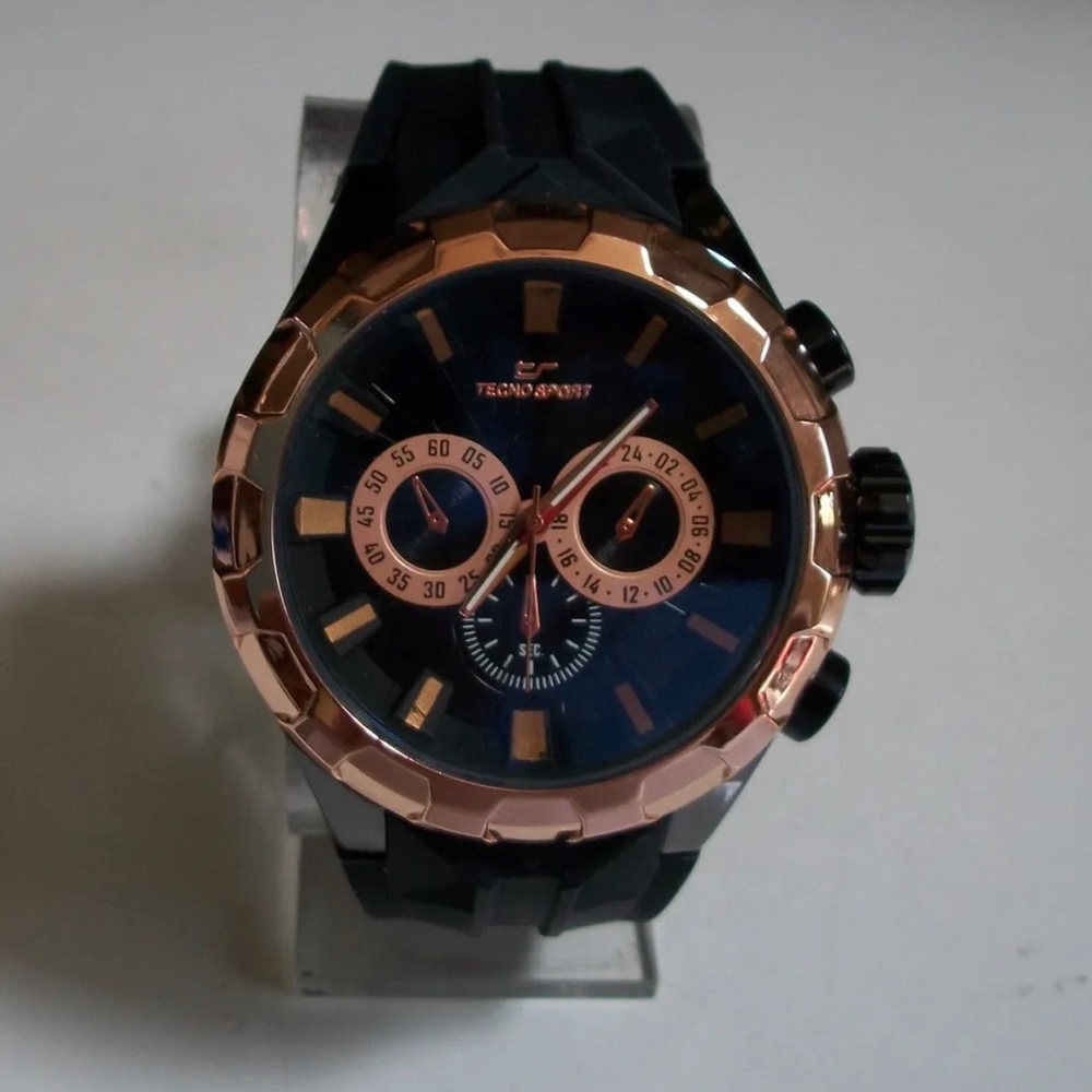 Men's Rose Gold Finish Tecno Sport Black Silicone Band Fashion Hip Hop Watch